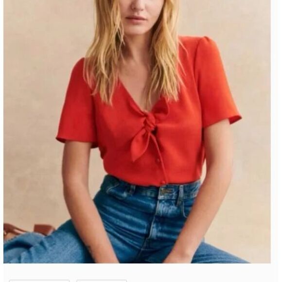 Sezane Tops - Sezane Size 40 Medium Eloine Blouse Top Red Short Sleeve Tie Button Up V Neck
